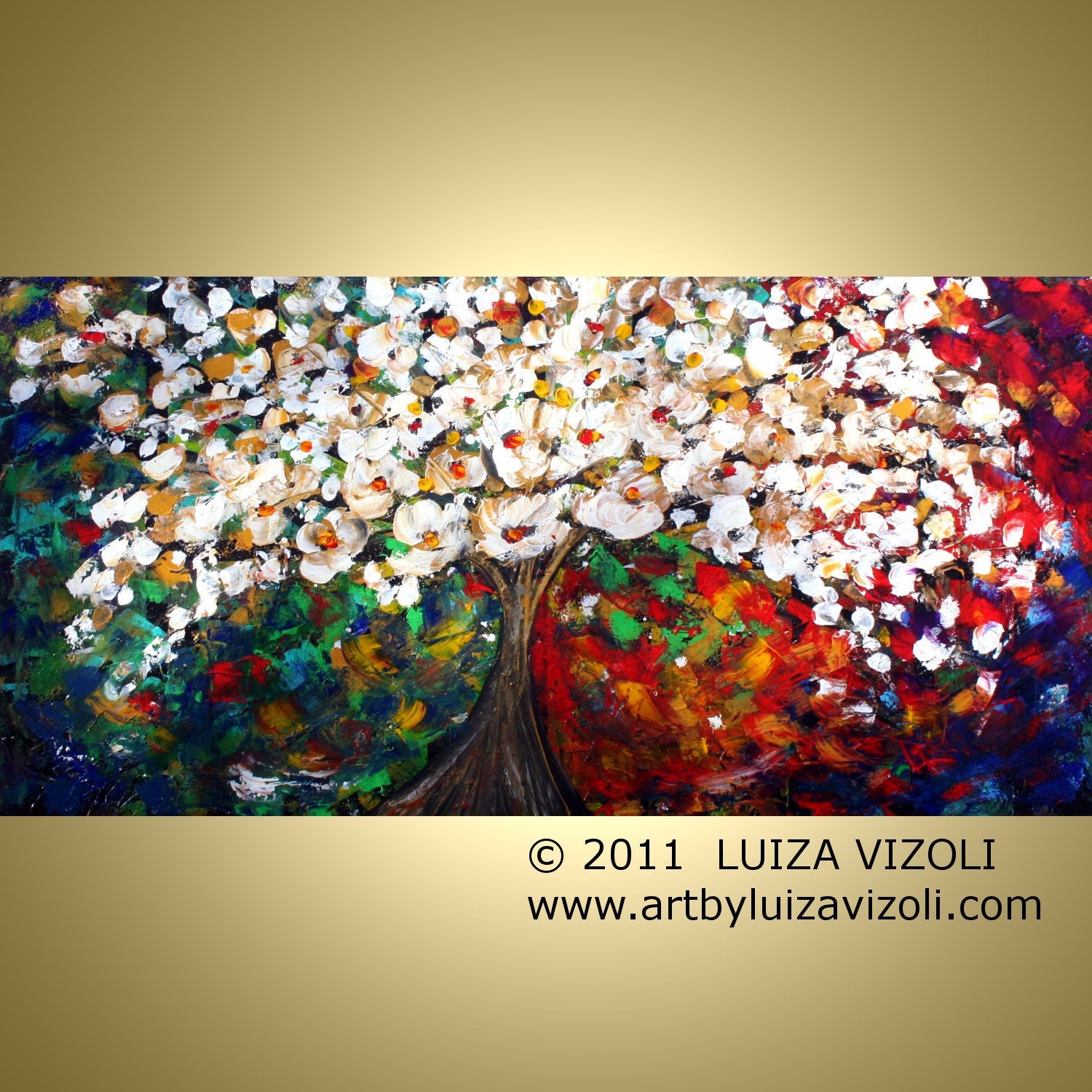 Original XLarge Painting Modern Impressionist Tree Landscape Palette Knife Oil Artwork BLOSSOM by Luiza Vizoli 48x24