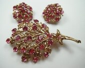 Vintage Weiss Pink Rhinestone Pin and Earrings Demi Parure Flowers 1950s 1960s