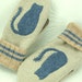 Cat Mittens from Felted Wool Beige and Blue Cat Applique Leather Palm Fleece Lining Eco Friendly Up Cycled