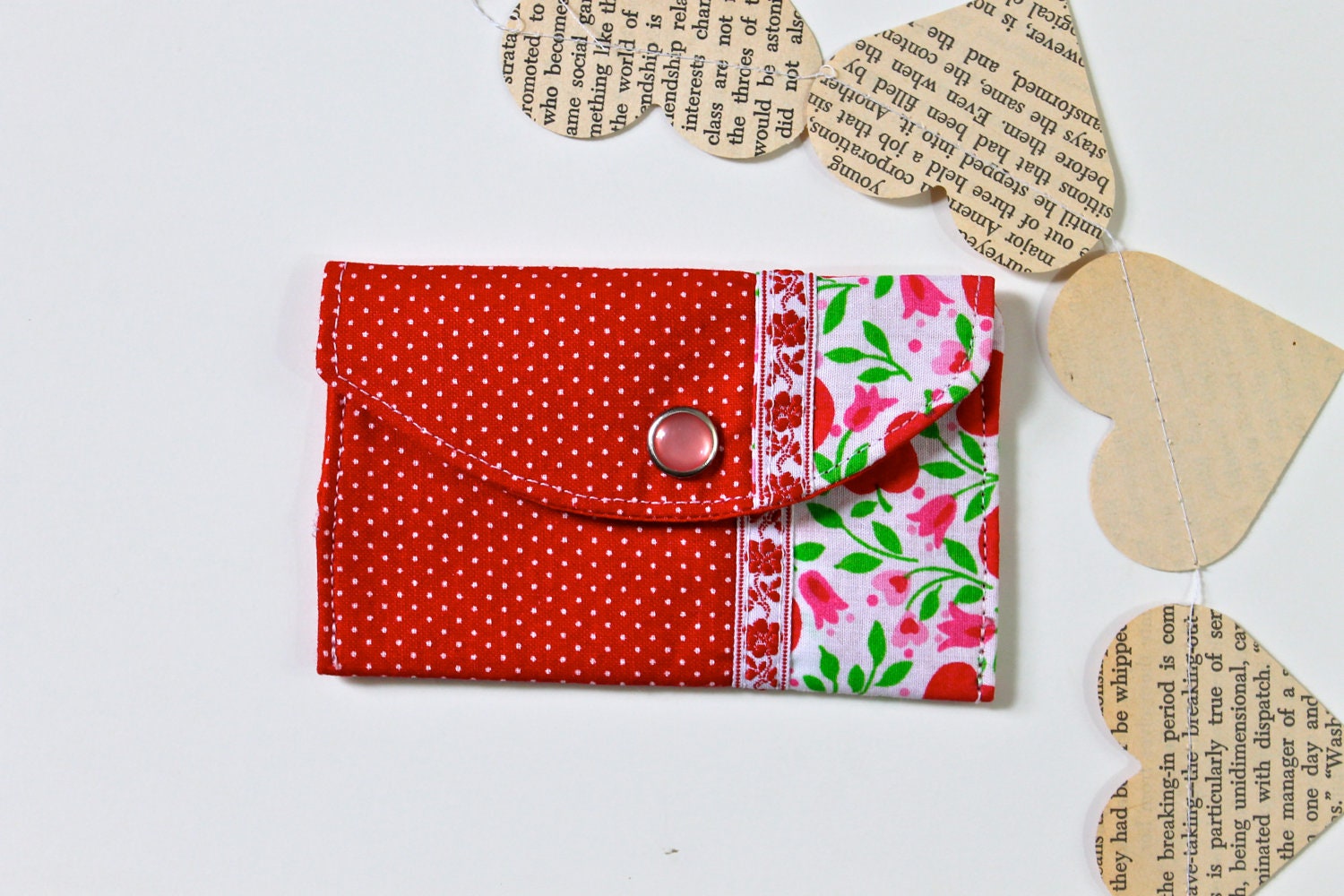 Small fabric wallet - Red polka dots and cherries