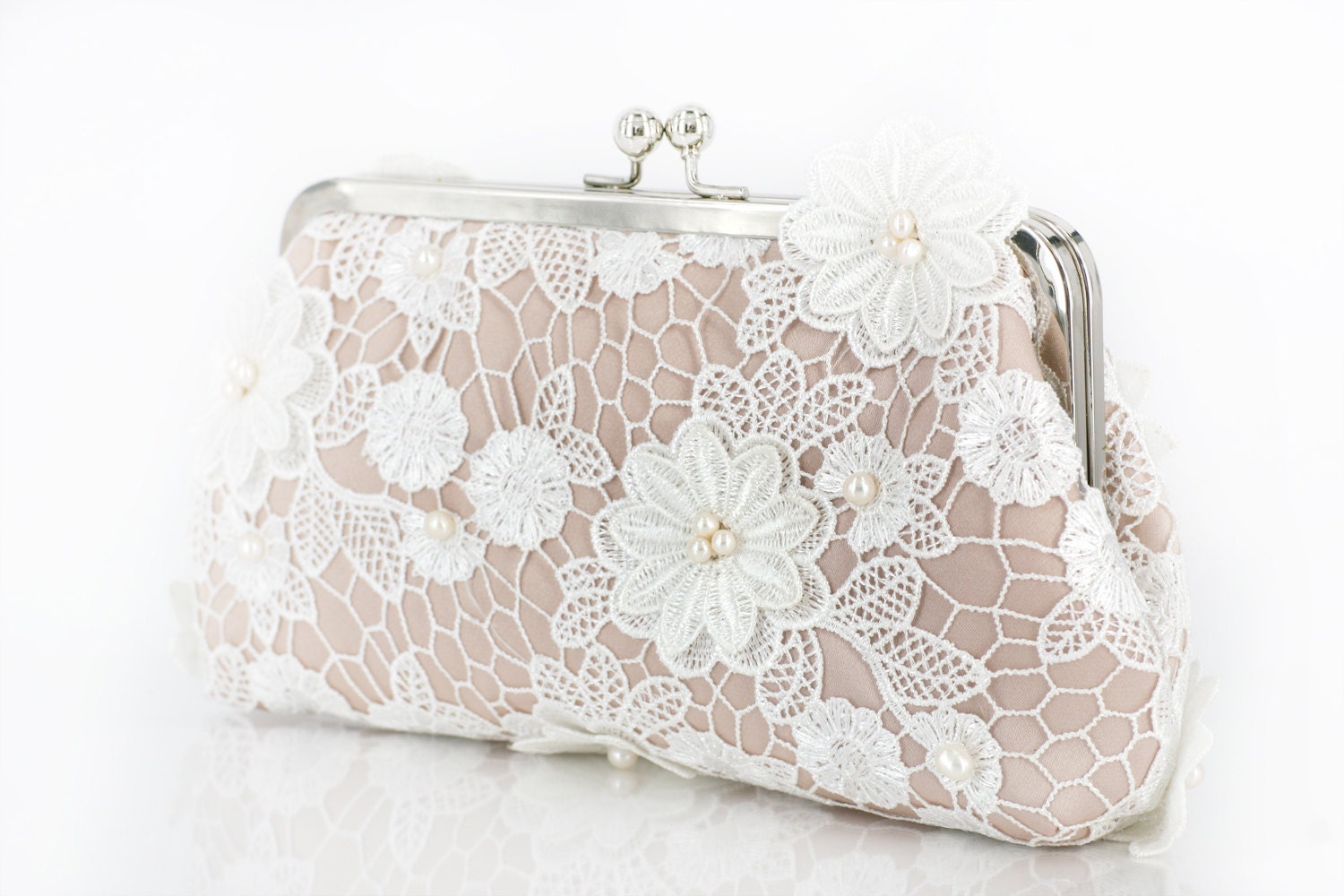 Ivory Bridal Lace Clutch with Freshwater Pearls in Ivory and Champagne 8-inch JARDIN2 - ANGEEW