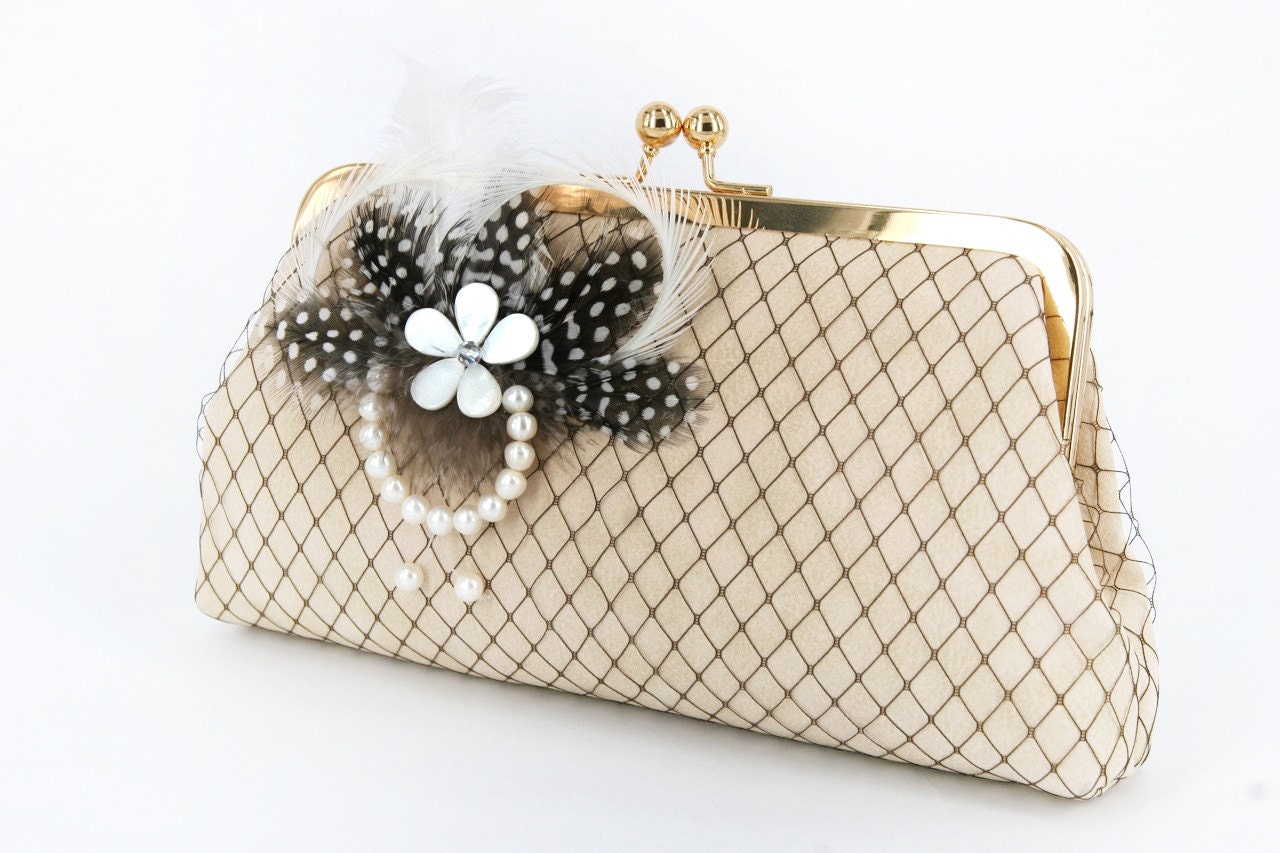 Champagne Clutch Bag with polka dots feathers, freshwater pearls brooch 8-inch