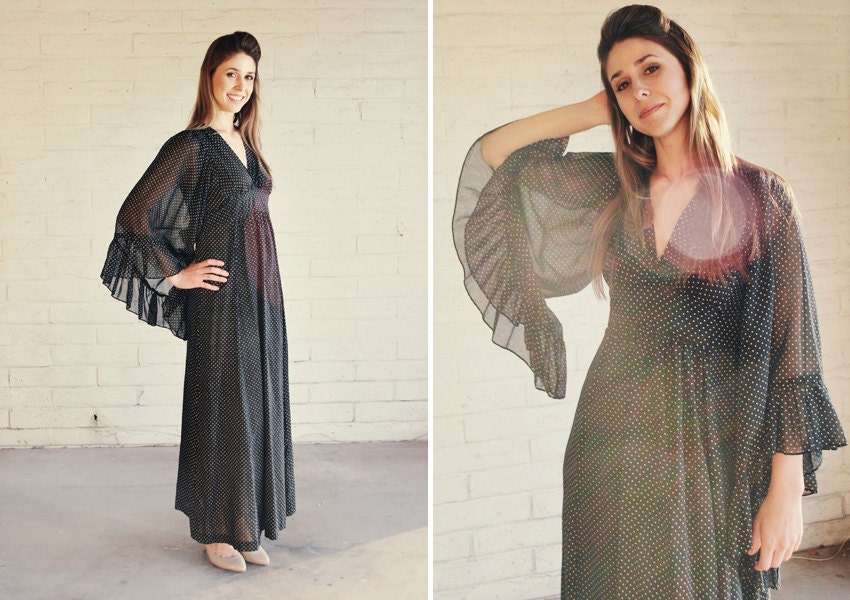 Dramatic Black Polka Dotted Boho Maxi Dress