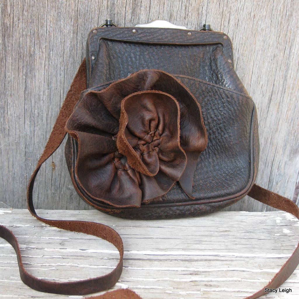 Antique Small Leather Purse Patent September 1890 with Removable Leather Flower Pin