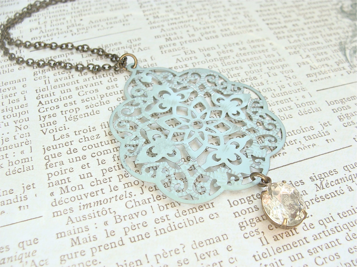 Large shabby chic blue filigree pendant necklace with a vintage glass rhinestone.  Long 27 inch antique brass chain.   Weddings. Bridesmaids
