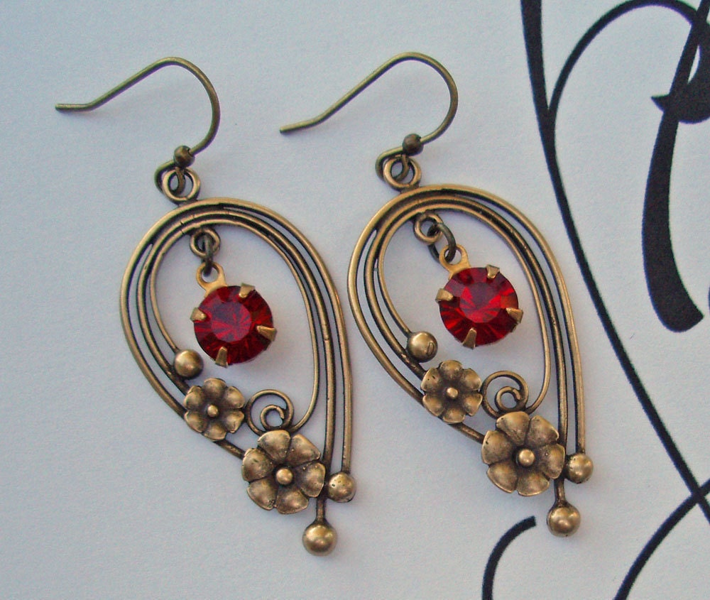 Earrings, Nature Inspired Jewelry, Boho Chic, Red Earrings, Rhinestone Drop, July Birthstone, BOUQUET Siam