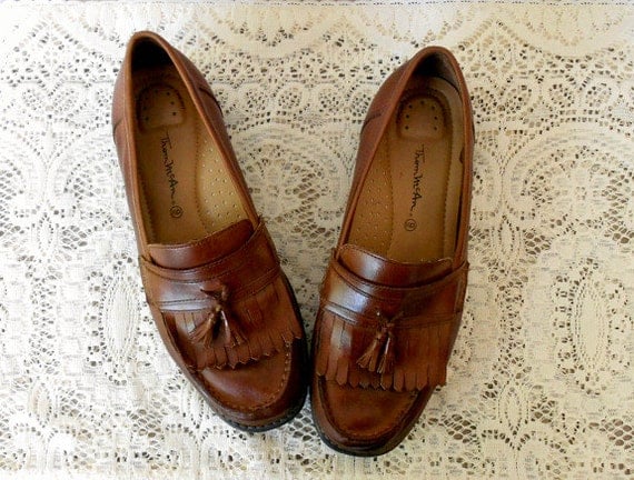 Vintage Oxford Loafers, 80's Brown Leather Tassel Oxfords Shoes/ 9M