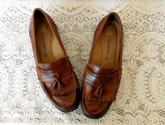 Vintage Oxford Loafers, 80's Brown Leather Tassel Oxfords Shoes/ 9M