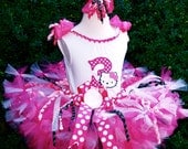 Hello Kitty Hot Pink, Black Birthday Petti Tutu Outfit....BRIGHT Sewn Petti Tutu with Curly Ribbons...Custom Top & Bow...2T-5T