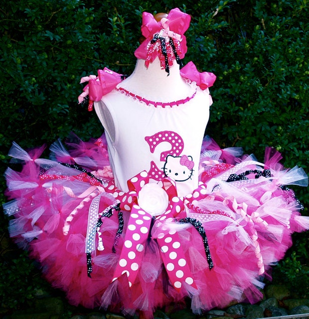 Hello Kitty Hot Pink, Black Birthday Petti Tutu Outfit....BRIGHT Sewn Petti Tutu with Curly Ribbons...Custom Top & Bow...2T-5T