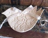 We Do Text - Antique White heart bowl - wedding ring dish - Ring bearer bowl - porcelain (C)