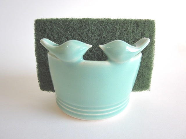 Kitchen sponge  holder with mint green lovebirds, home decor, Made to Order,  kitchen storage ceramic pottery