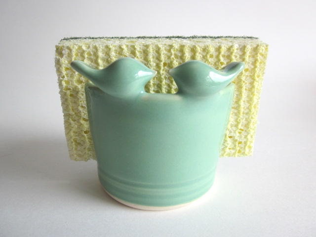 Reserved for August and Olivia's Registry.. Lovebirds Mint green Sponge Holder, ceramic pottery