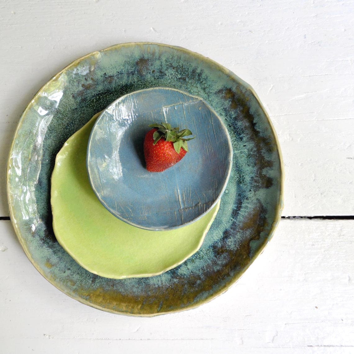 modern ceramic dinnerware place setting SECONDS SALE Urban Rustic series teal blue,green,seafoam