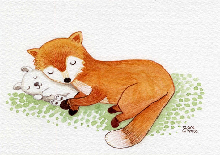 Original Postcard watercolor - Fox and rabbit friends