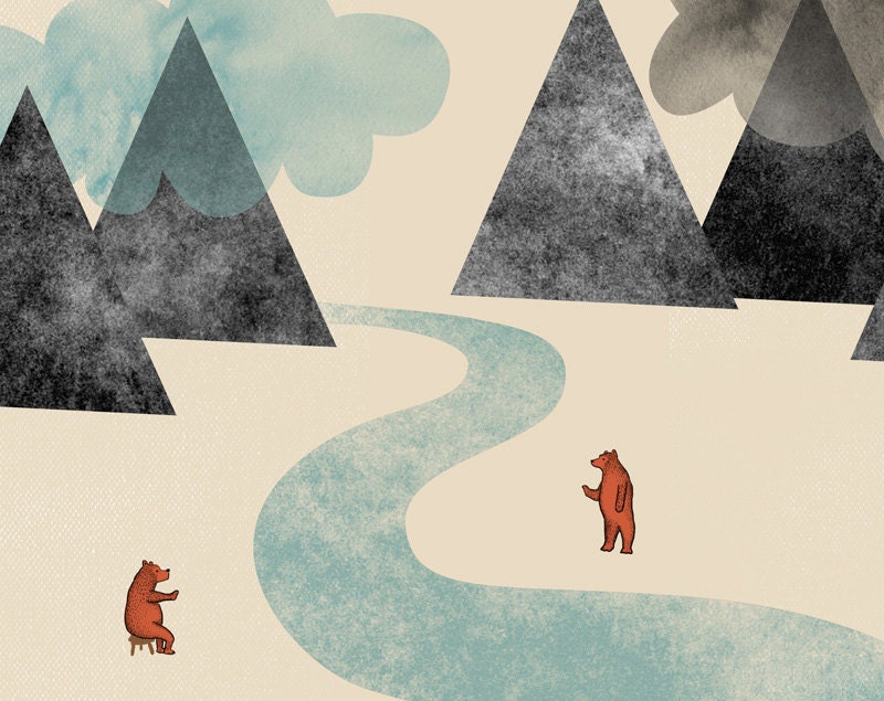 River friends Print 8 x 11.5 - Home Decor digital illustration mountains clouds bears