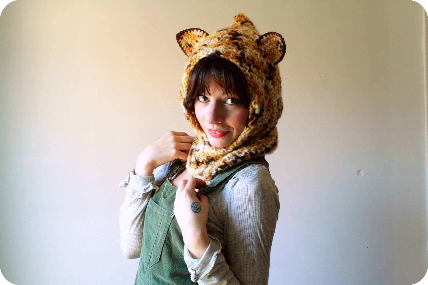 leopard print animal hood.  hooded cowl with animal ears.