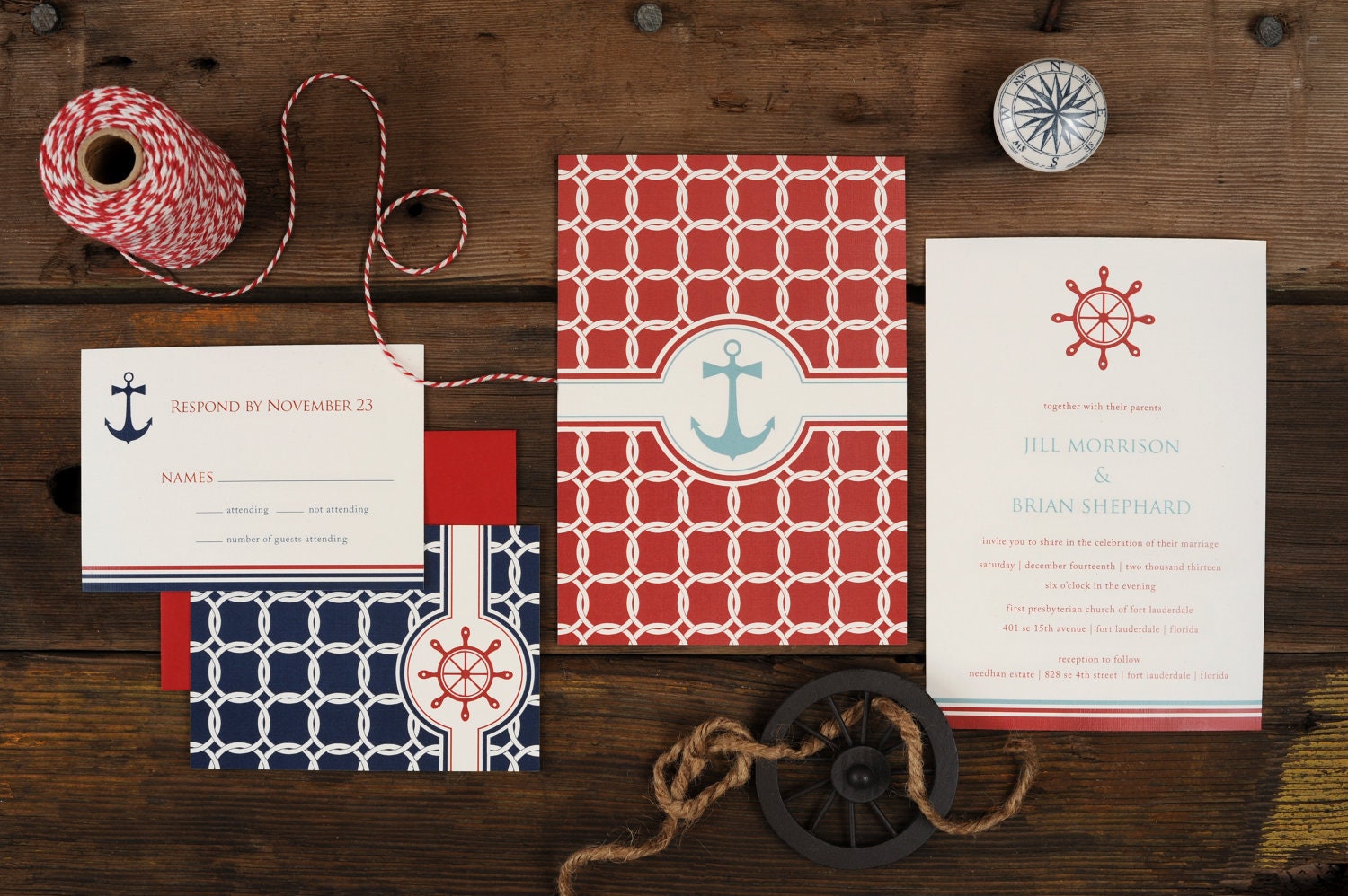 Nautical Wedding Invitations - Anchor Knots Sea Sail Blue Compass