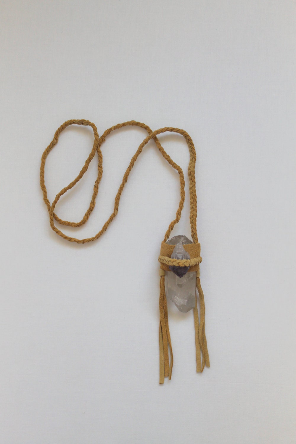 50% OFF SALE Braided Deerskin Leather Quartz and Amethyst Necklace