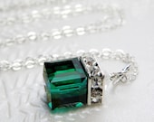 Emerald Green Crystal Necklace, Pendant, Swarovski, Rhinestone, Bridesmaid, Handmade Jewelry, May Birthstone
