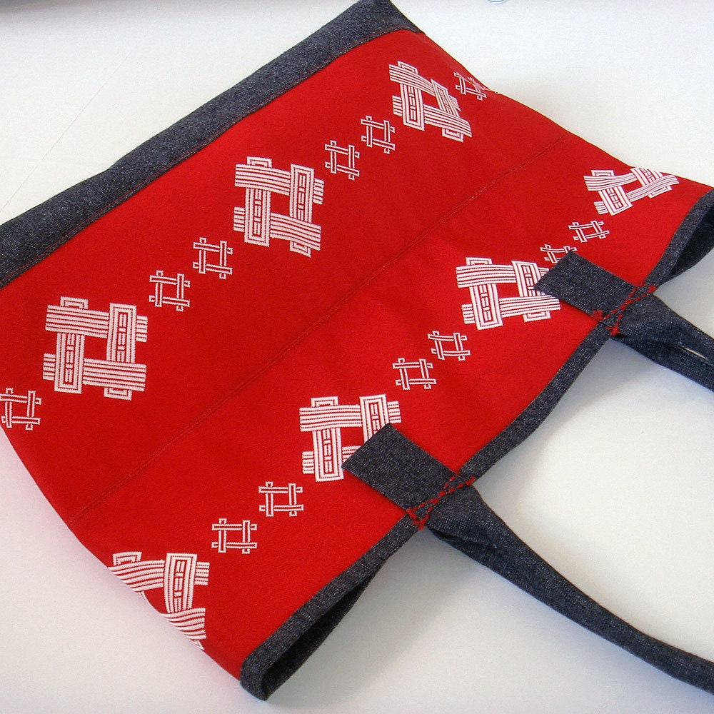Japanese  Vintage Obi Remake: Large Tote Bag / Red&White
