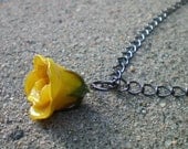 REAL Delicate Yellow ROSEBUD Adjustable Gun Metal or Sterling Silver Chain Necklace