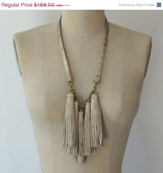 SALE Taupe-Grey Snakeskin Embossed Leather Tassel Fringe Necklace