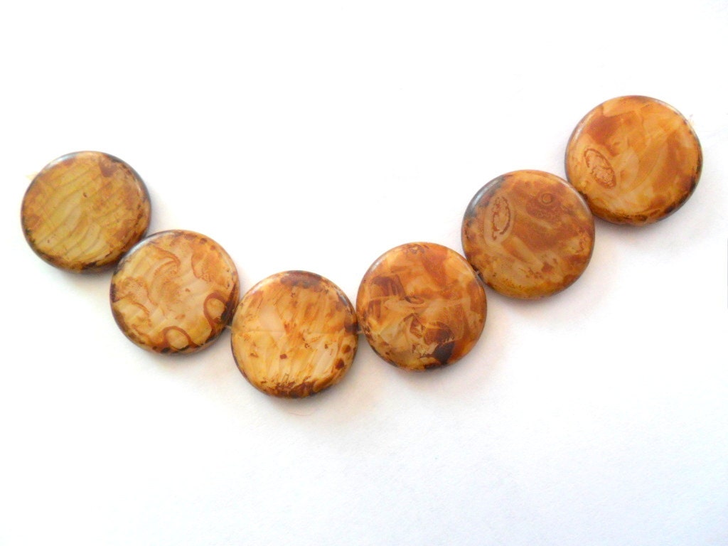 Lg. 20mm Coin Beads, Czech Glass Crystal Beige Matte Picasso