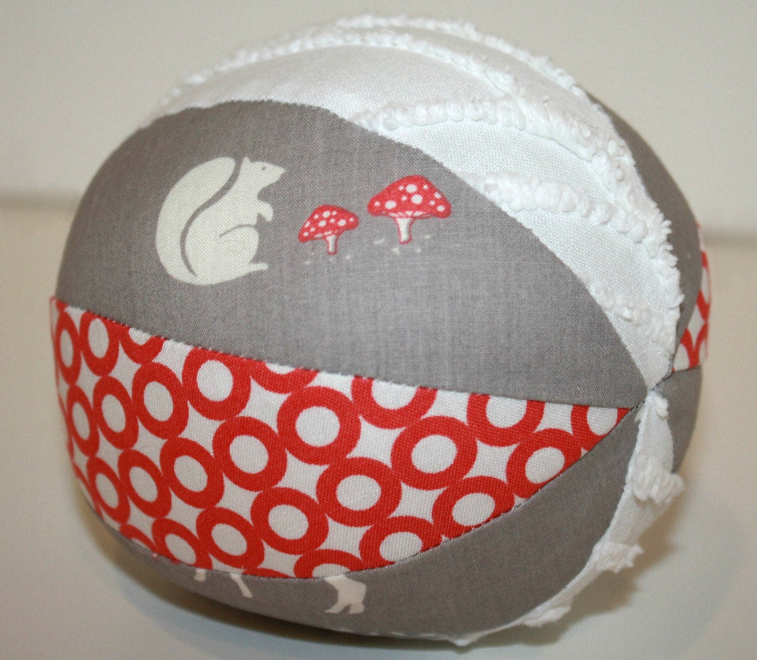Woodland Storybook Organic Baby Toy Ball with a Rattle and Chenille - Coral and Grey - Small Size