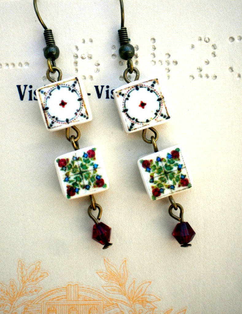 Portugal  Antique Tile Replica Earrings, PRAIA da MIRA and 17th Century Roses from Lisbon waterproof and reversible