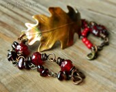 Oak Leaf Bracelet.  Brass Oak Leaf and Oxblood Bead Boho Bracelet
