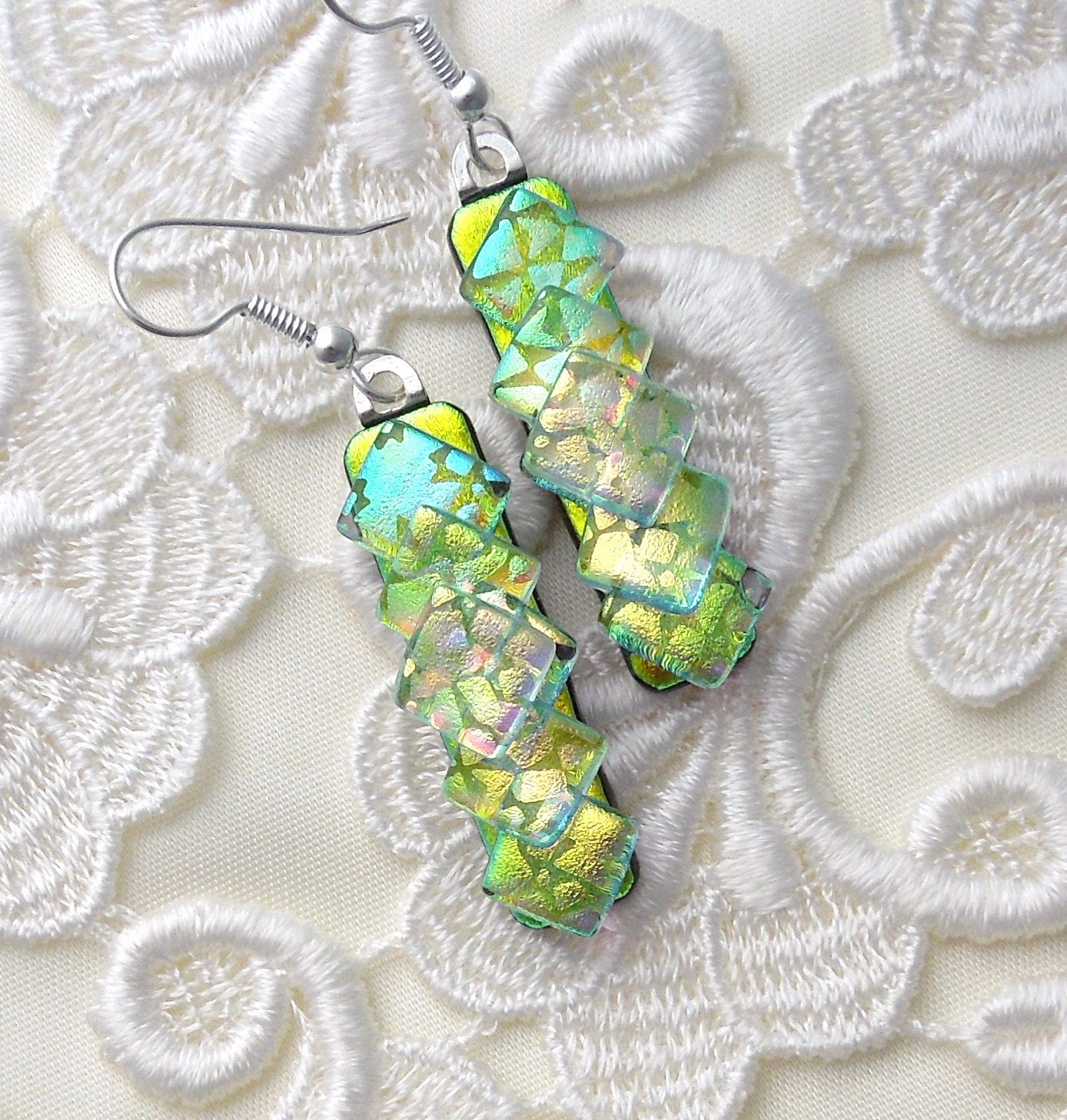 Dichroic Glass - Dichroic Fused Glass Earrings - Glass Jewelry - Bead Earrings - Green Earrings X2611
