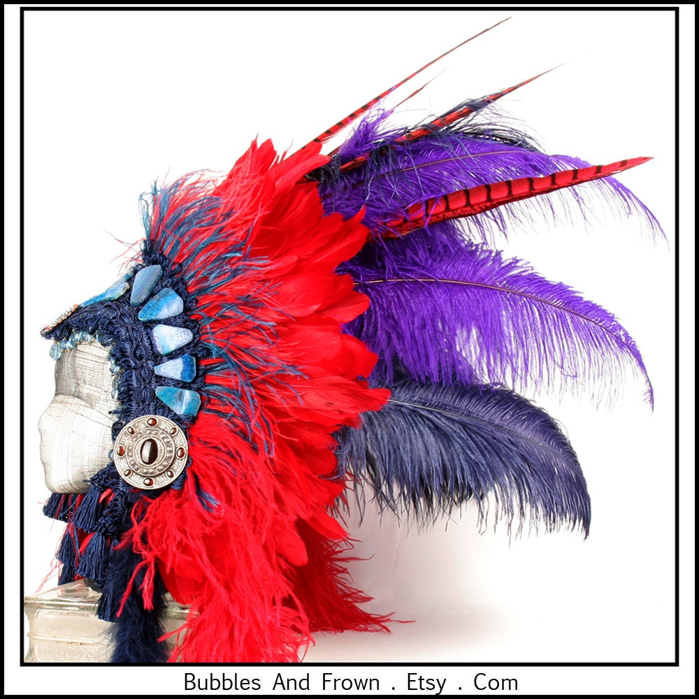Regal Queen... Huge Feather Headdress in Rich Red, Blue, Purple