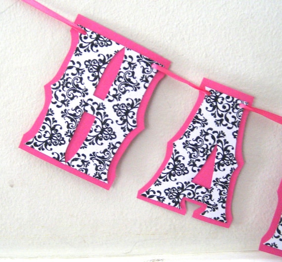 HAPPY BIRTHDAY Banner -Glitter Black and White Damask on Hot Pink - You Choose Color Il_570xn