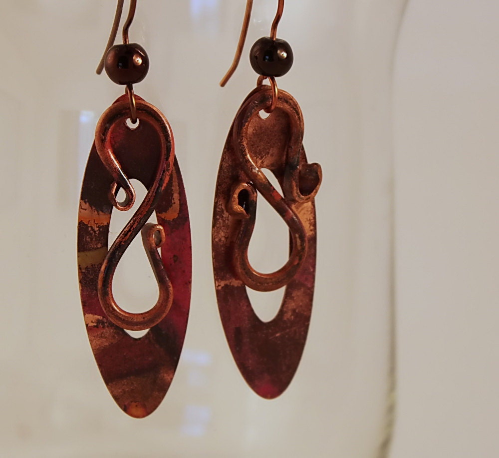 Hand Forged Copper, Flame Patina, Copper Scroll Work, Celtic Earrings
