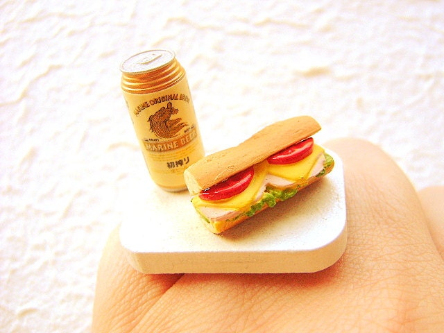 Kawaii Food Ring Beer Sandwich  Miniature Food Jewelry