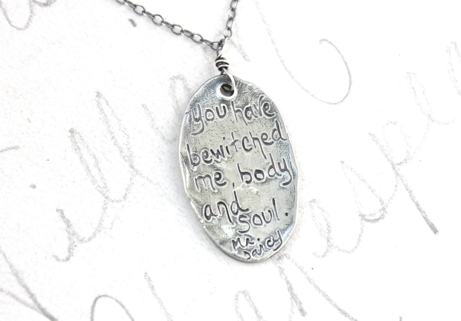 mr darcy necklace . engraved silver quote necklace . sterling silver pride and prejudice necklace . romantic quote jewelry