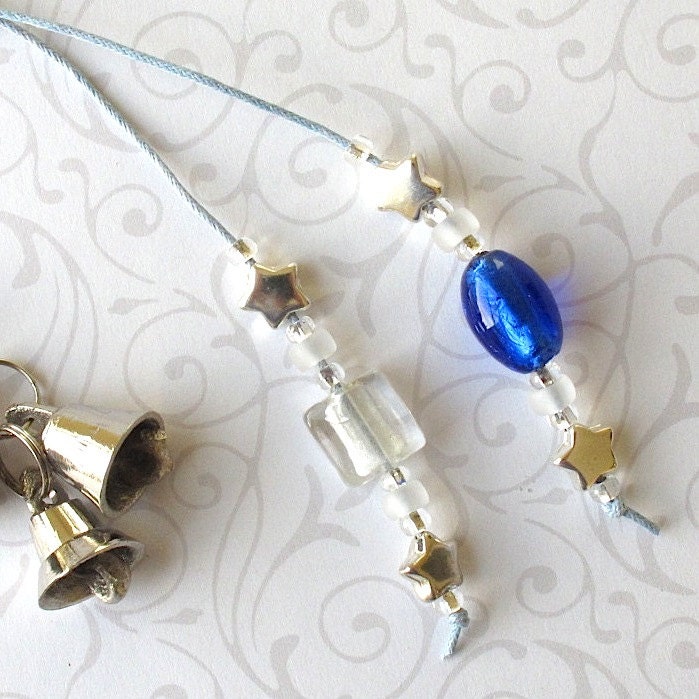 PETITE Garden Chime: Beaded Windchime with Foil Lined Glass Beads & Silver Stars. Crystal Clear.  Sapphire Blue. Three Silver Bells