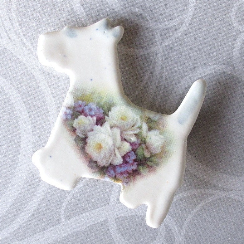 Porcelain Dog Brooch. White Cabbage Rose Bouquet. Westie or Scottie