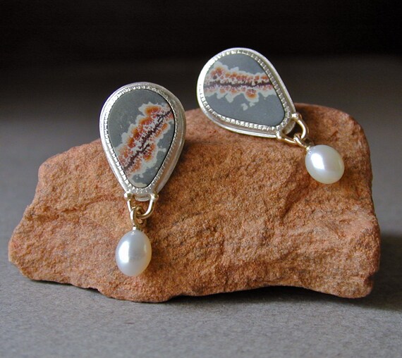 Fall Jewelry, Sterling Silver Earrings, Sonoran Dendritic Ryolite, Pearl Drops, 14kt Gold Posts, Handmade Earrings
