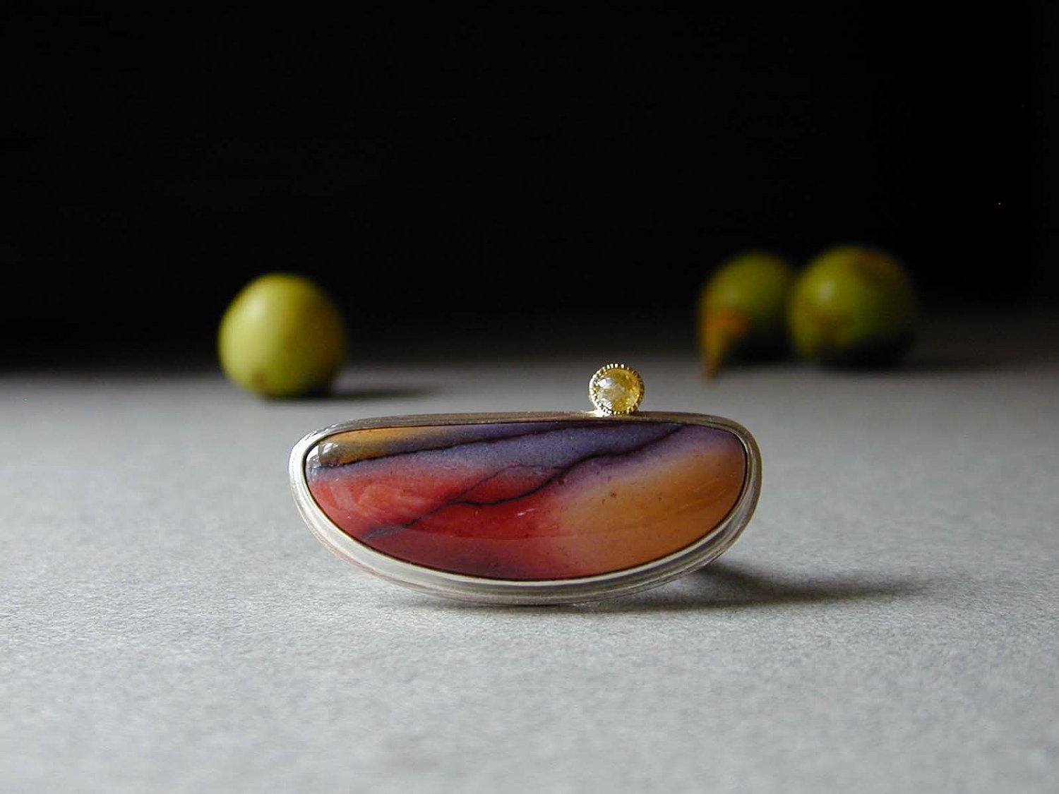 Jasper and Diamond Ring, Mooka Station Jasper, Rose Cut Diamond, OOAK, Statement Ring, Silver and Gold