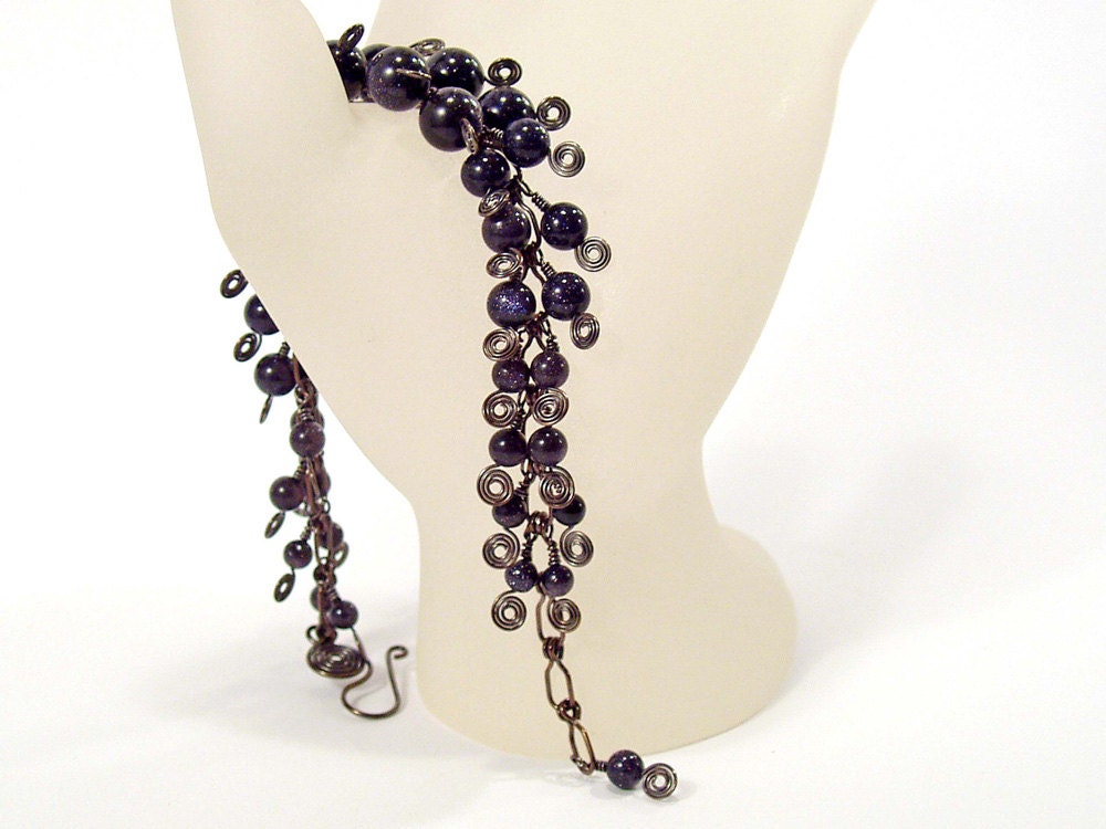 Goldstone Bracelet, Midnight Blue, Wire Wrap Bracelet, Spiral Jewellery