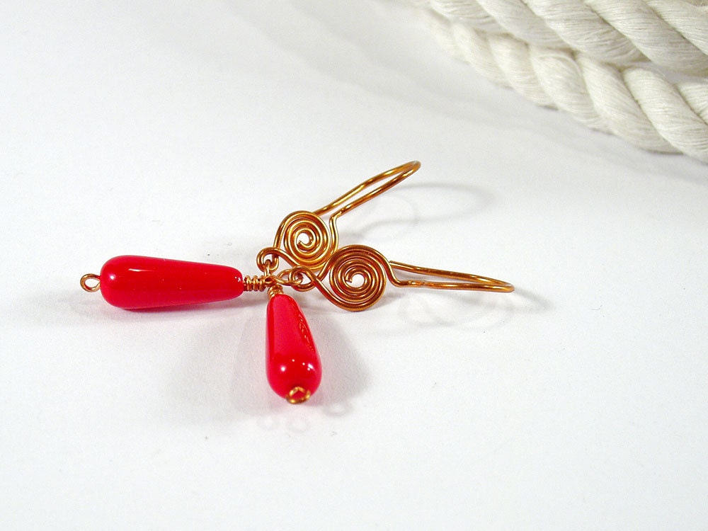 Red Drop Earrings, Copper Spiral, Artisan Jewellery