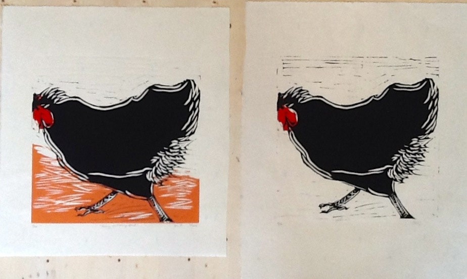 Chicken Woodcut Prints - Moving on (Hen)