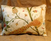 Decorative Pillow Cover - Peacock Bird Floral Fabric, Yellow, Green, Rust, Red, Tan