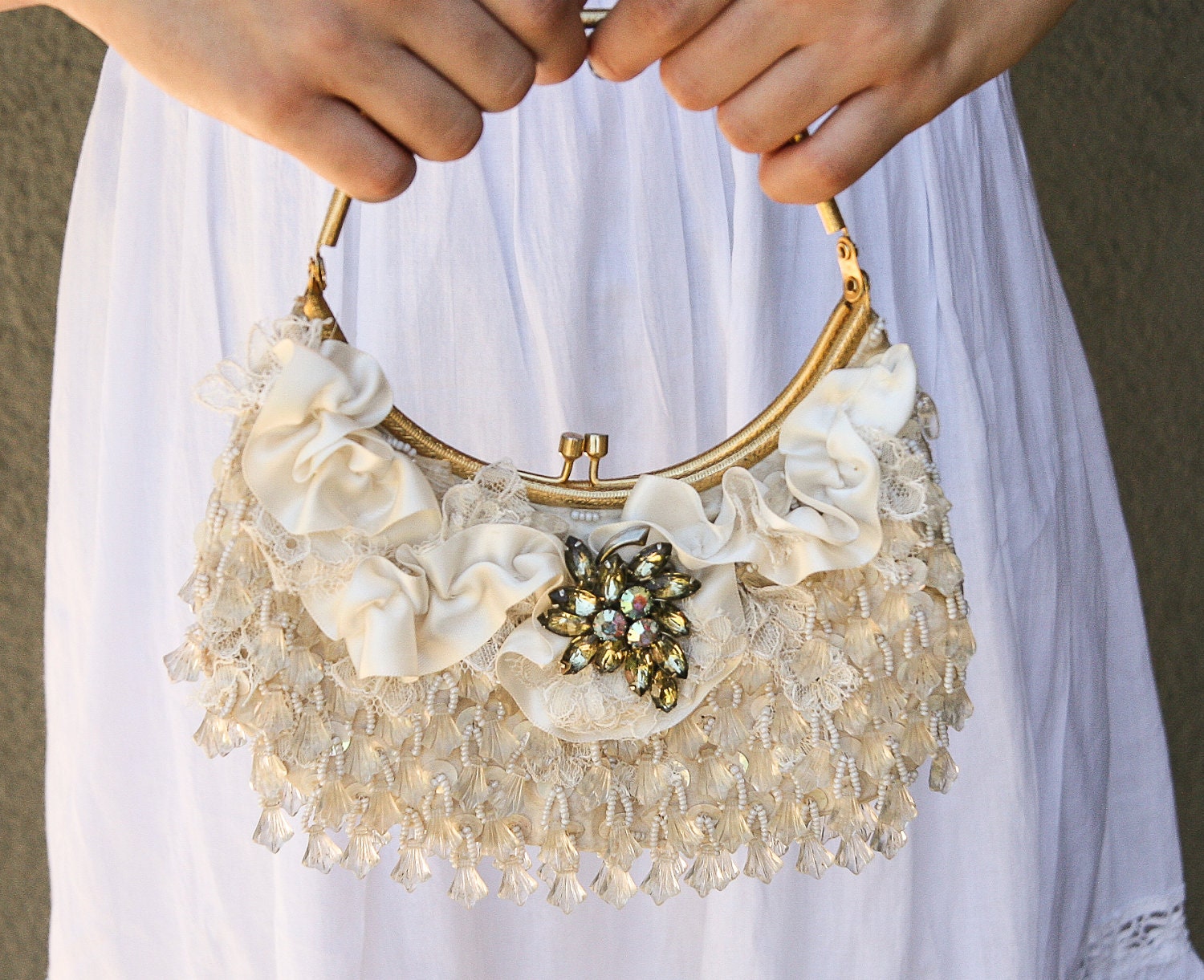 Up-cycled ivory Beaded Vintage Purse, wedding clutch