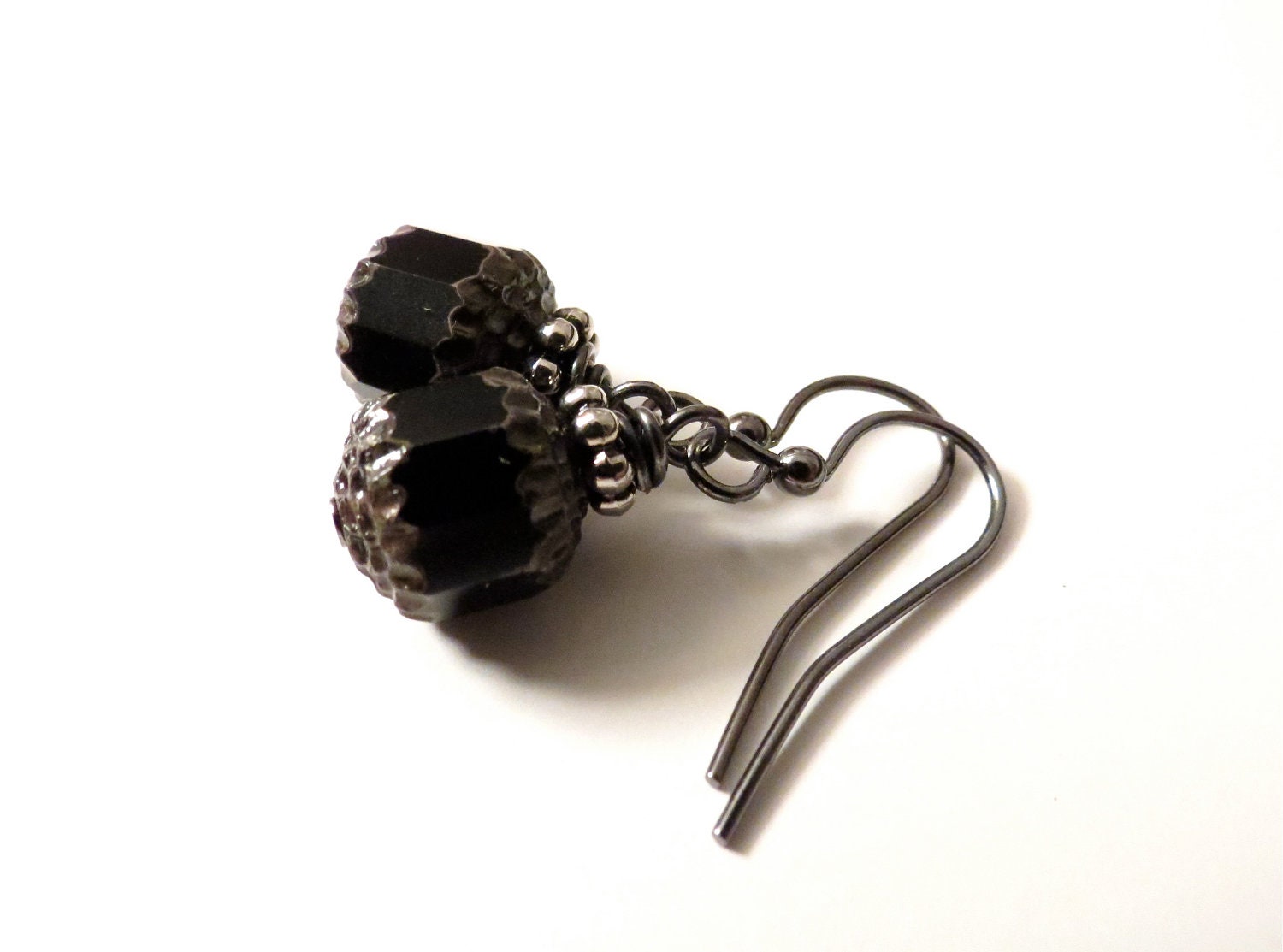 Petite Faceted Black Czech Glass Dangle Earrings : rustic elegance, little black dress - Summer SALE 20% off