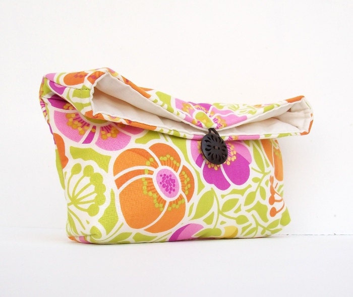Pink Orange Green Floral Clutch Purse, Starburst, Bridesmaid Gift, Spring Wedding, White, Makeup Bag, Under 25
