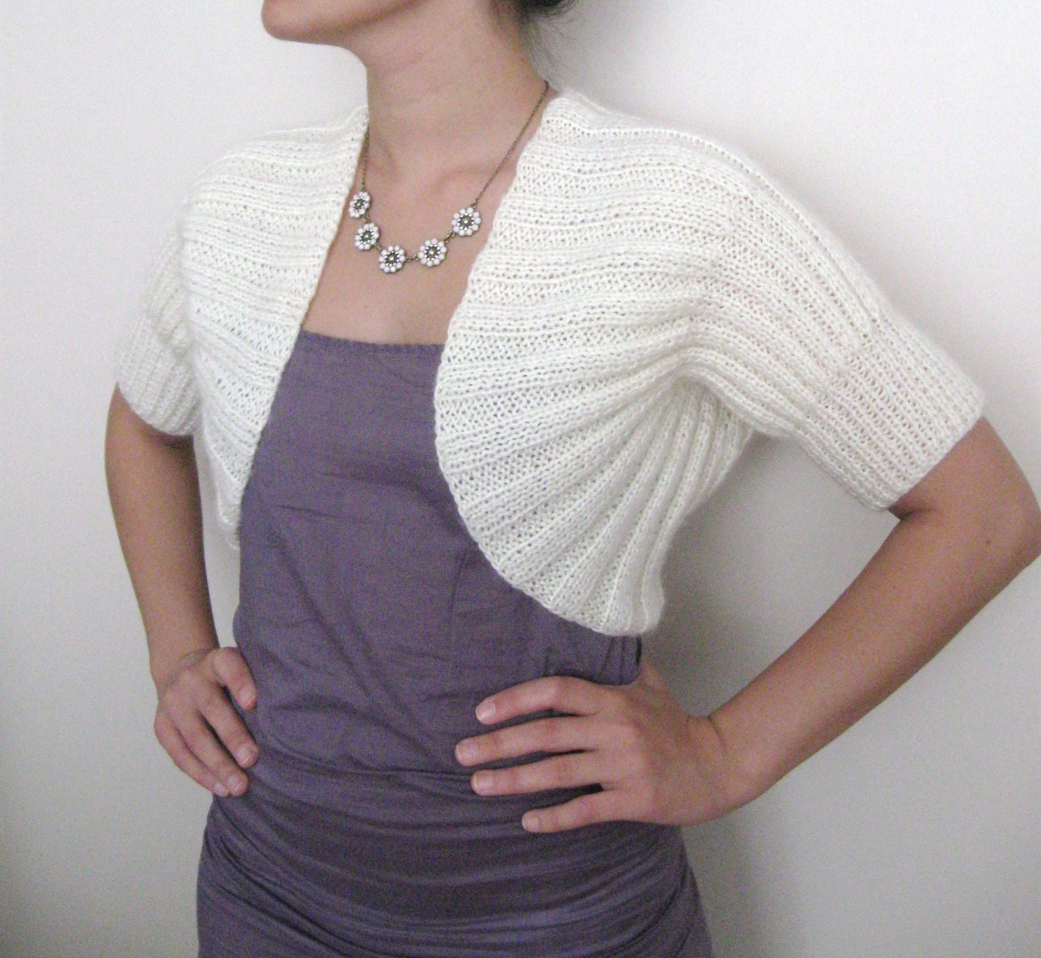 Vintage 50s Style Wedding Bridal Bridesmaid Bride Fashion Knit shrug bolero jacket - ivory mohair - short sleeves -  EXPRESS SHIPPING