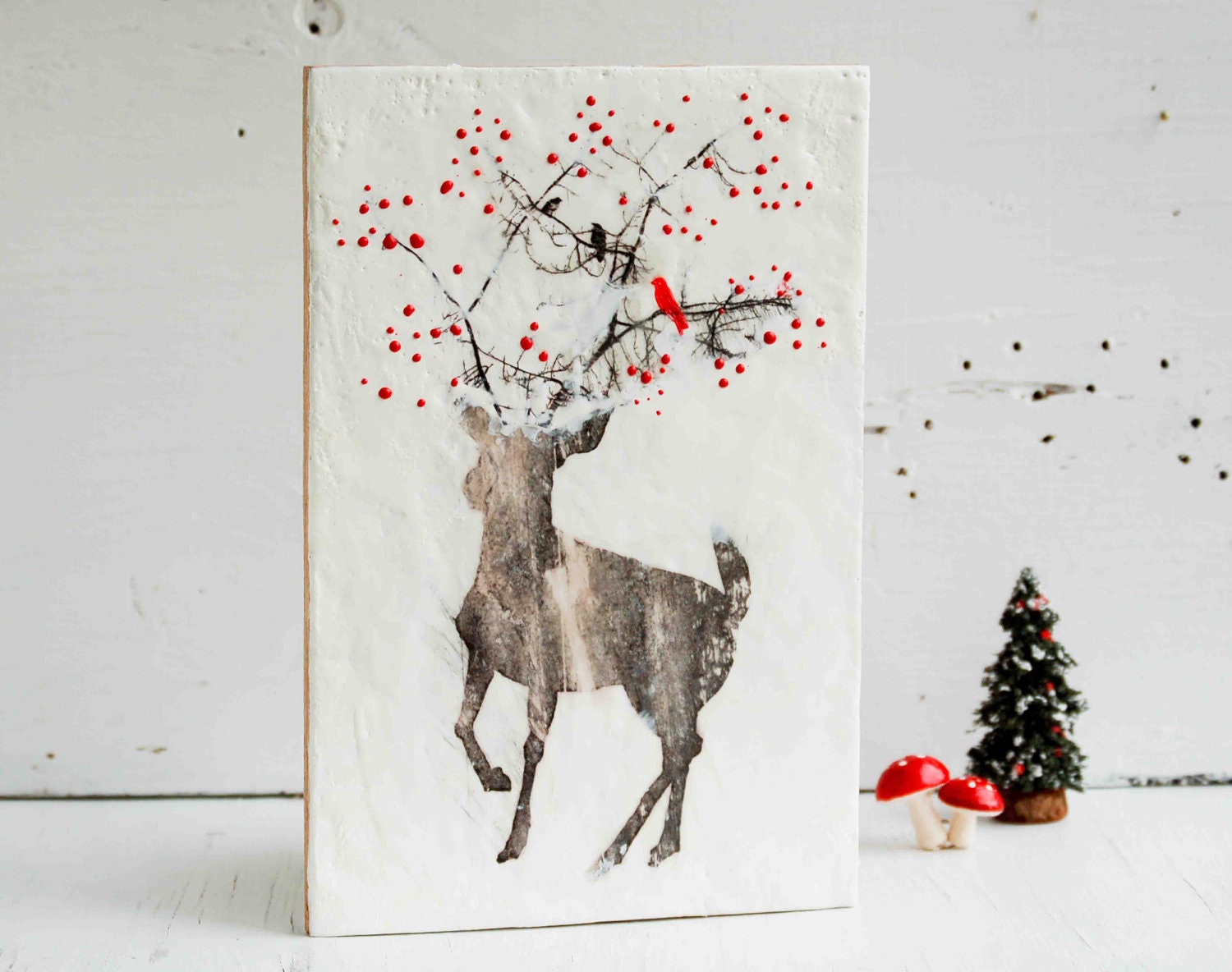 Holiday DEER Original Encaustic Painting RED Berries RED Bird Christmas Snow